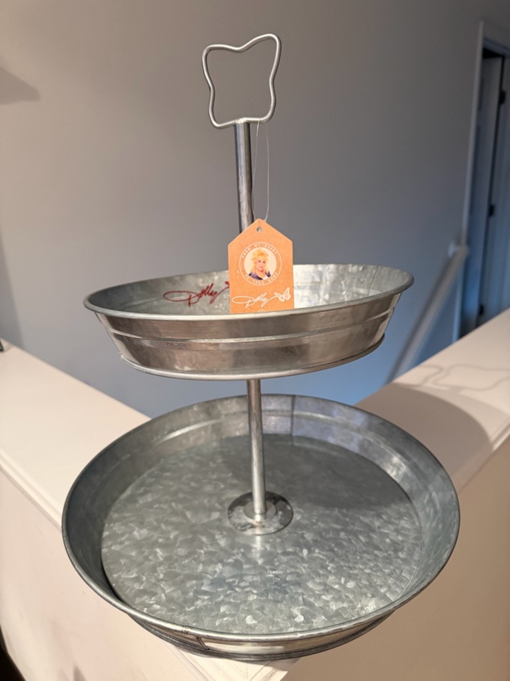 Dolly Two-Tier Galvanized Metal Serving Stand in Silver